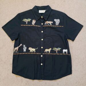 Vintage Lemon Grass Button Front Shirt Embroidered Animals Safari Black Size M